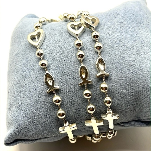 Silver Heart and Cross Charm Beaded Bracelet with Multi-Strand Design Bracelet - Picture 8 of 12